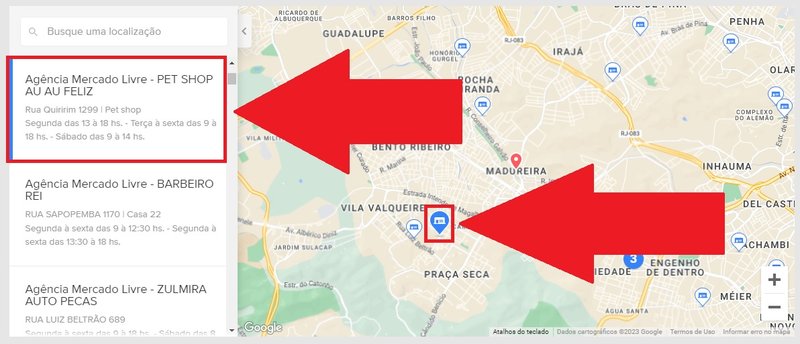 Perceba que, ao clicar no ícone da agência no mapa, as informações dela aparecem ao lado