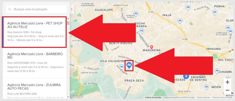 Perceba que, ao clicar no ícone da agência no mapa, as informações dela aparecem ao lado