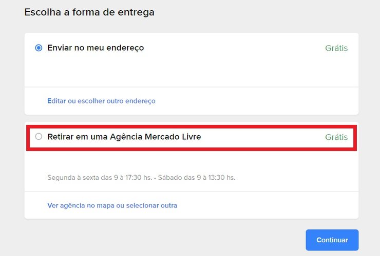 Caso a agência mais próxima já esteja sinalizada, basta clicar em "Continuar"