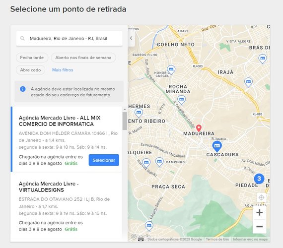 Basta selecionar a agência no mapa para que os produtos sejam entregues nela