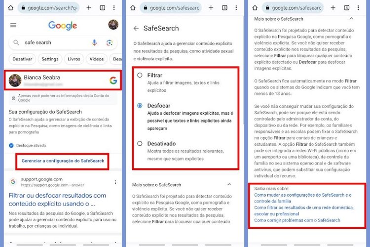 O SafeSearch deve ser ativado novamente em cada conta Google logada no celular.