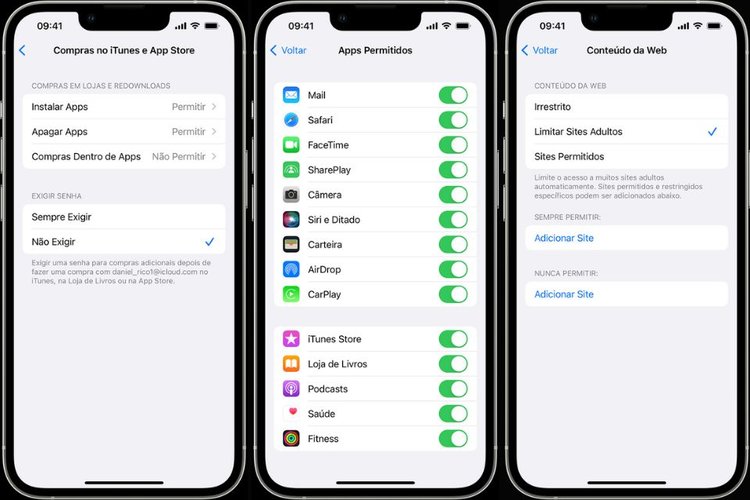 Controles parentais nos aparelhos iOS também ajustam permissões de apps e recursos integrados.