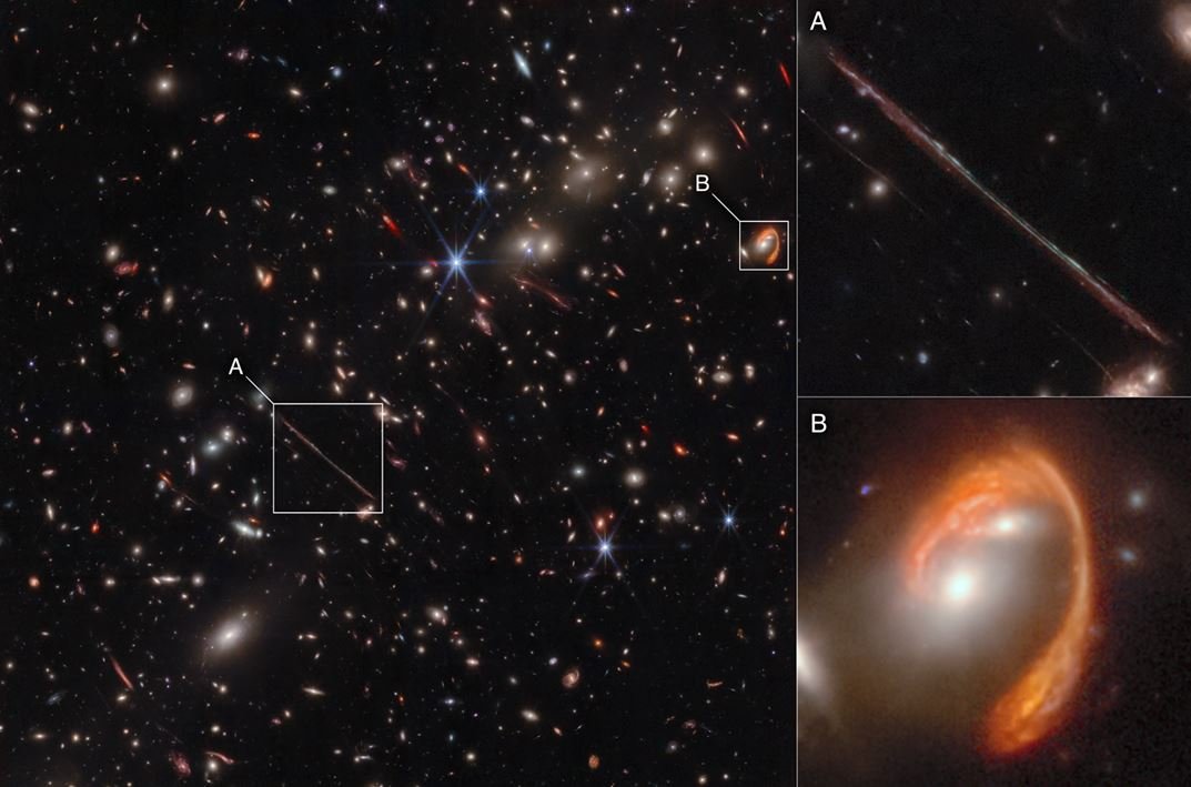 O arco brilhante em vermelho é a galáxia apelidado de O Anzol, uma observação que só é possível por conta do Telescópio Espacial James Webb.