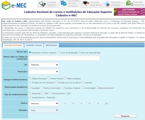 Faça sua matrícula apenas em cursos reconhecidos pelo MEC. (E-MEC/Reprodução)