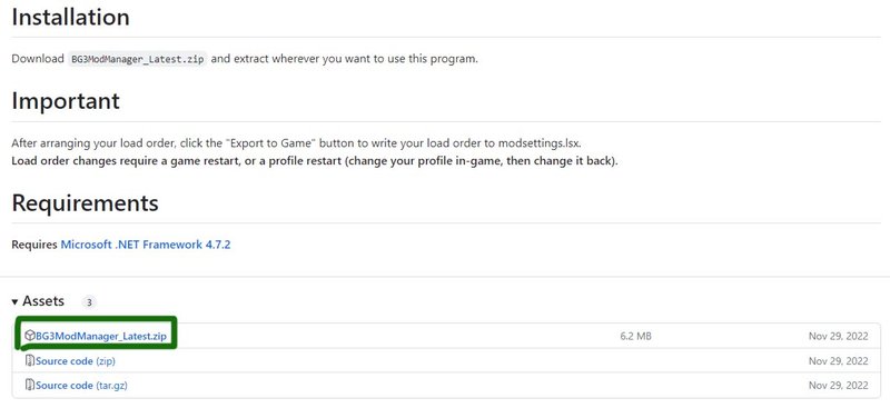 Baixe o arquivo ZIP do Mod Manager no GitHub para instalar modificações em Baldur's Gate 3.