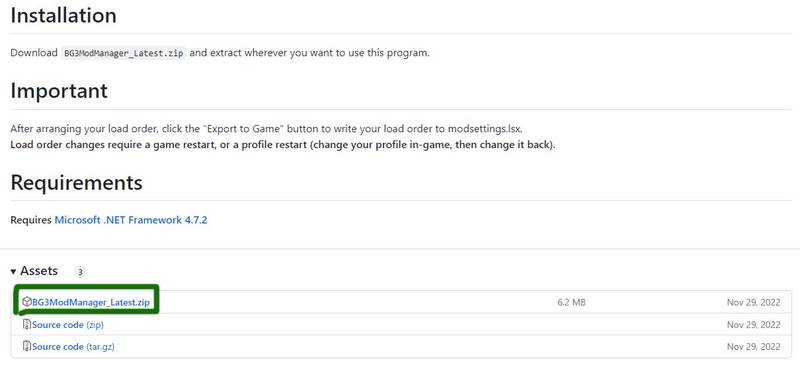 Baixe o arquivo ZIP do Mod Manager no GitHub para instalar modificações em Baldur's Gate 3.