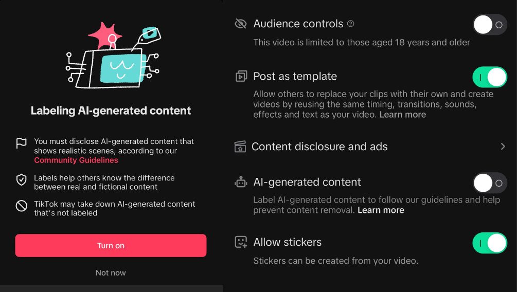 As novas opções para ativar o selo de uso de IA nas publicações feitas no TikTok.