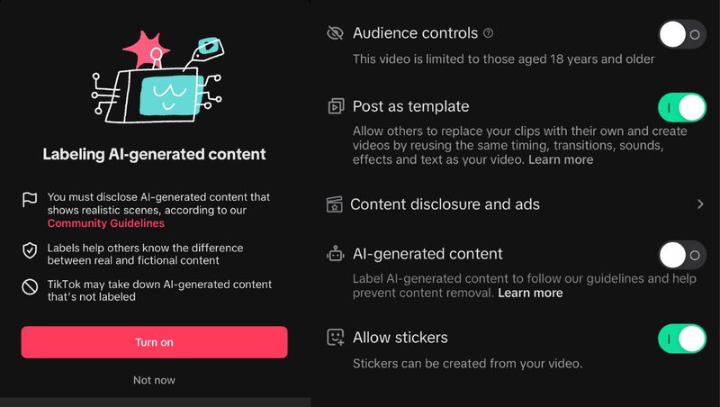 As novas opções para ativar o selo de uso de IA nas publicações feitas no TikTok.