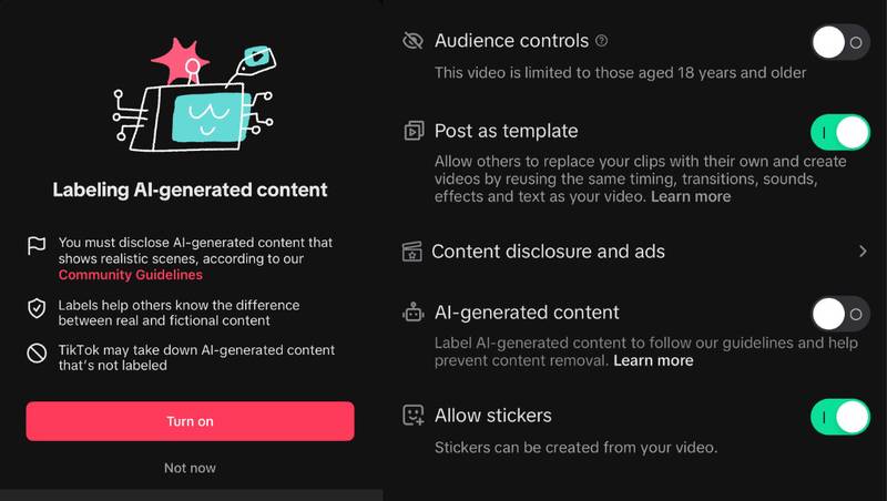 As novas opções para ativar o selo de uso de IA nas publicações feitas no TikTok.