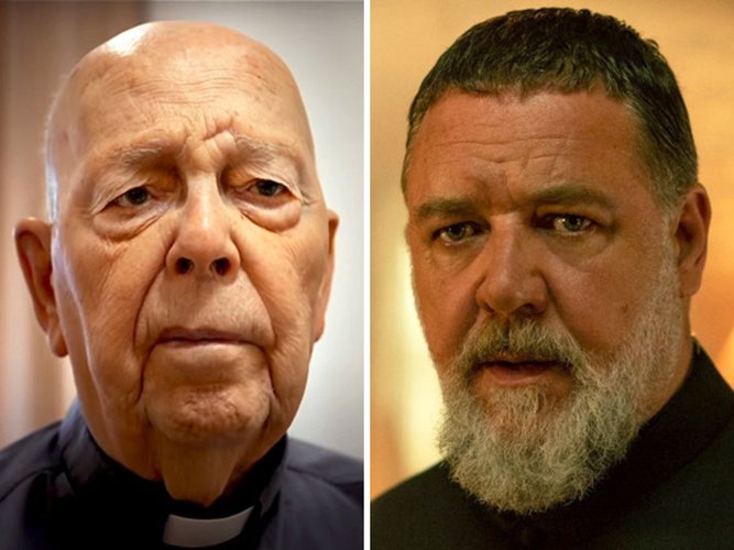 Padre Amorth à esquerda e Russell Crowe caracterizado para o filme à direita.