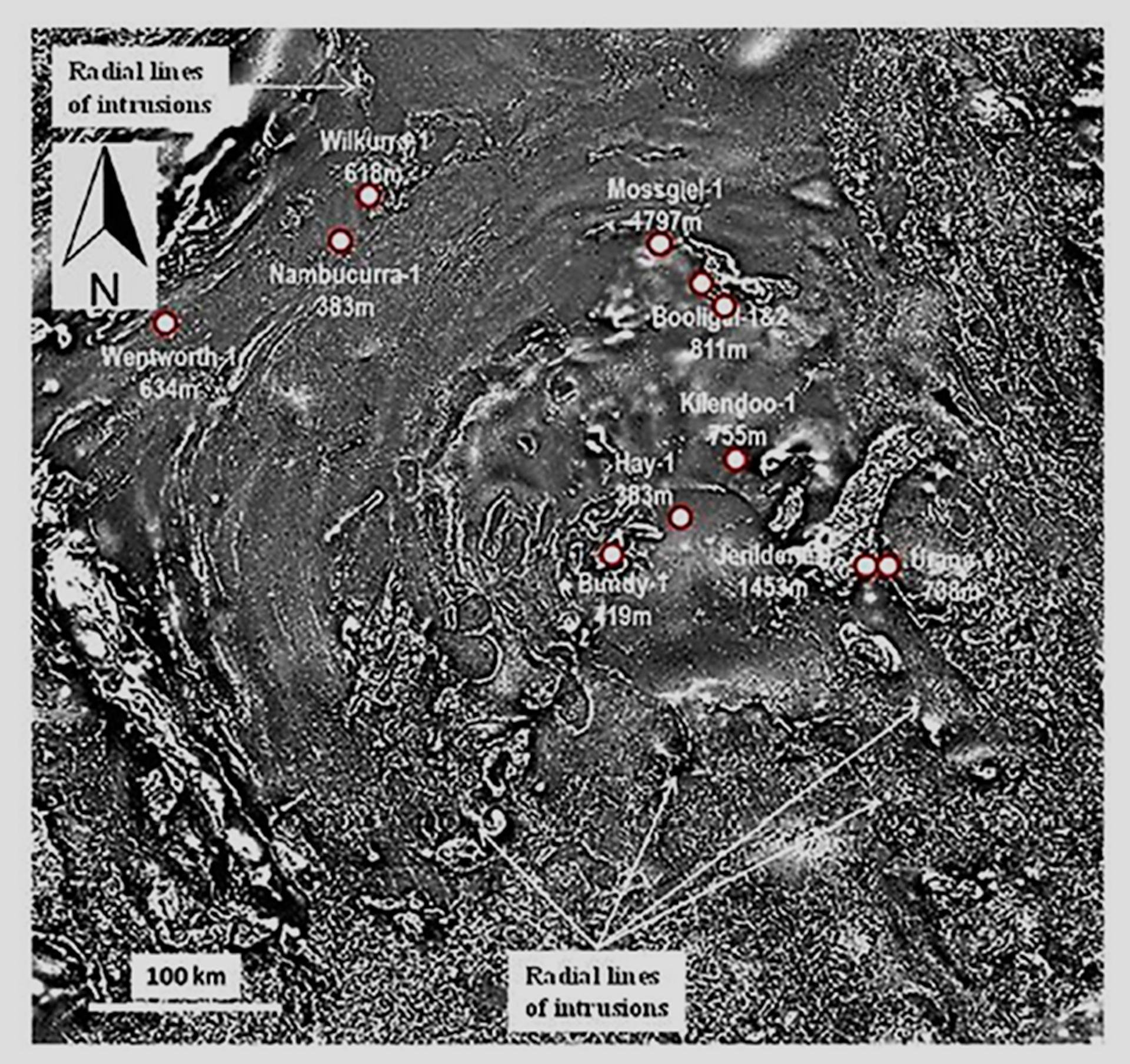 Imagem de "intensidade magnética total" da estrutura de impacto Deniliquin
