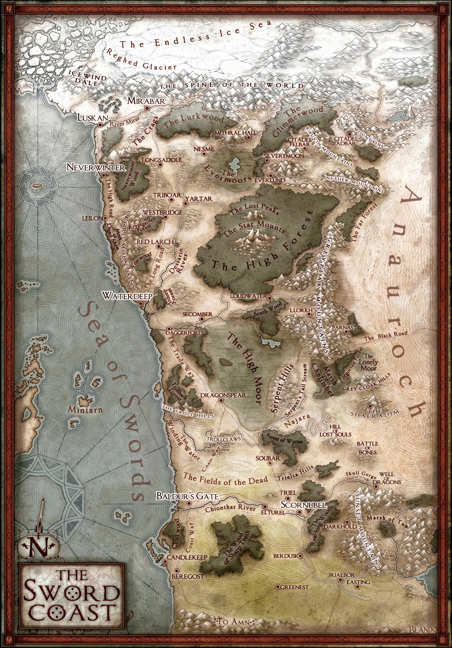 Mapa oficial da Costa da Espada, uma das principais regiões de Forgotten Realms.