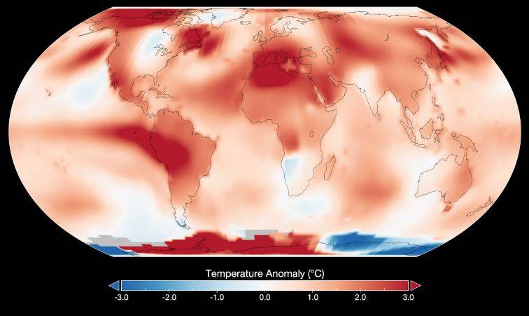 O mapa acima apresenta as anomalias de temperatura registradas durante o mês de julho de 2023.