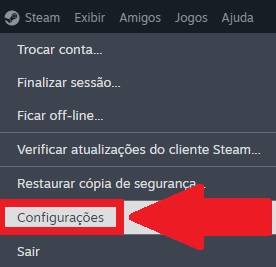 A opção "Configurações" fica no menu superior do app da Steam.