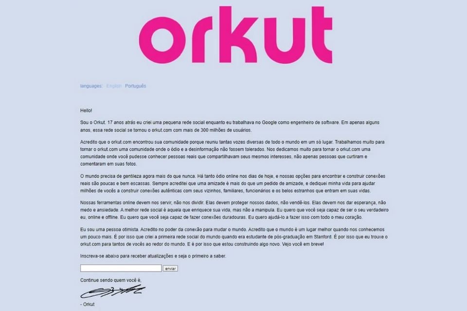 Comunicado exibido na página oficial do Orkut desde abril de 2022.