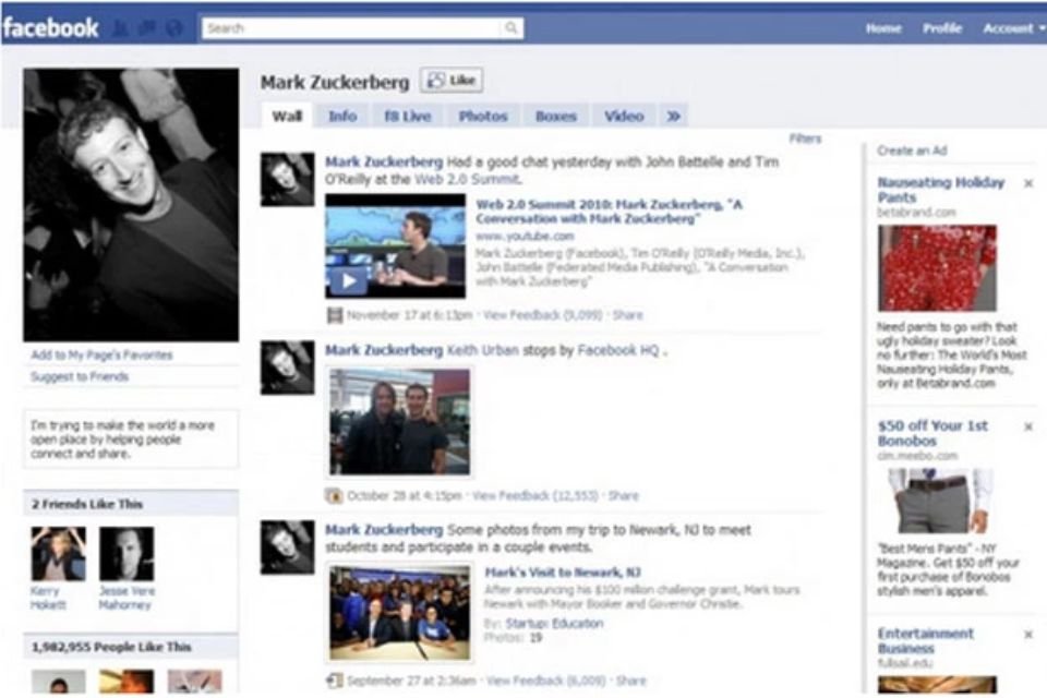 Interface do Facebook em 2008.