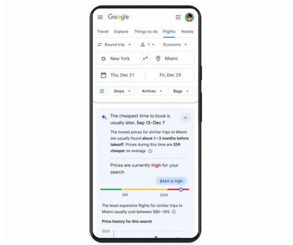 A plataforma de voos da Google informa a época em que a tarifa aérea tende a ser mais barata.