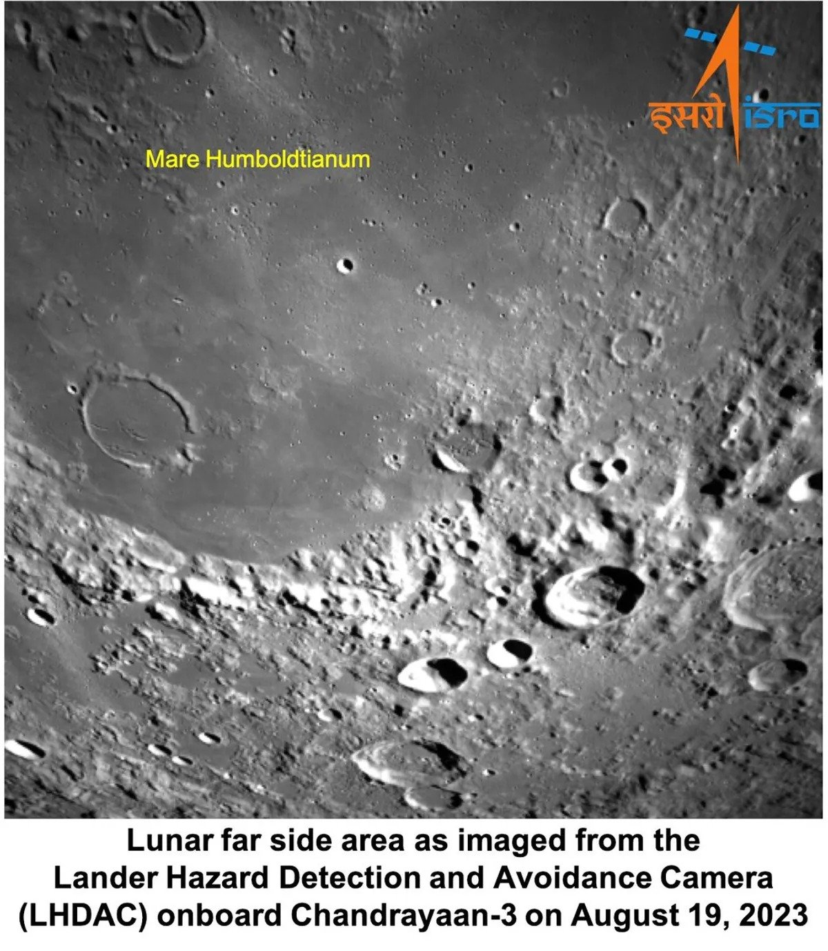 Imagem da Lua capturada pelo Chandrayaan-3 em 19 de agosto de 2023. Crédito: ISRO.
