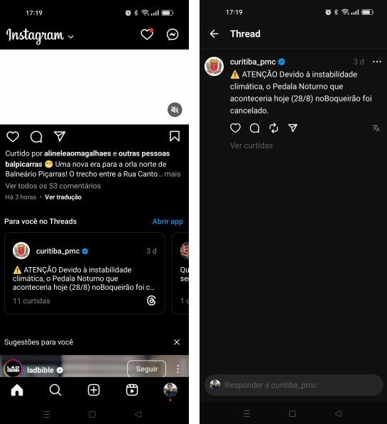 O feed do Instagram com um bloco de sugestões de postagens do Threads.