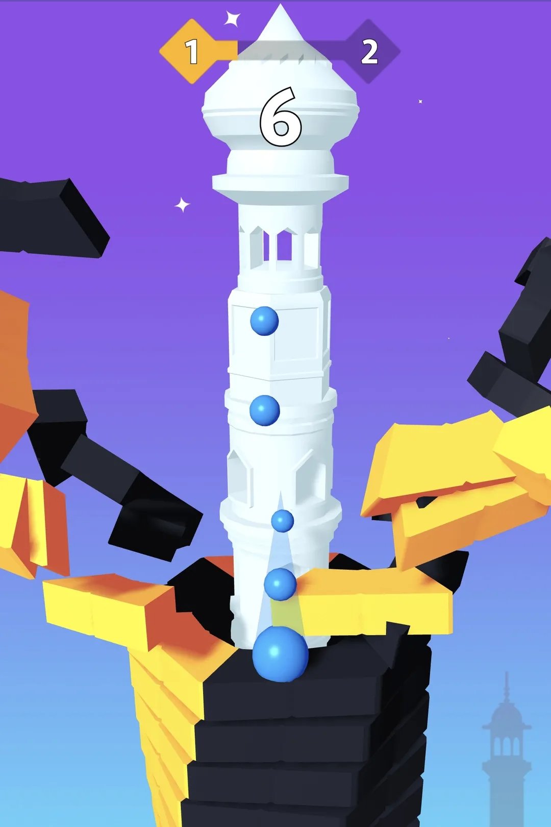 Em Stack Bounce, você precisa alcançar a base da torre quebrando o máximo de pisos em sequência.