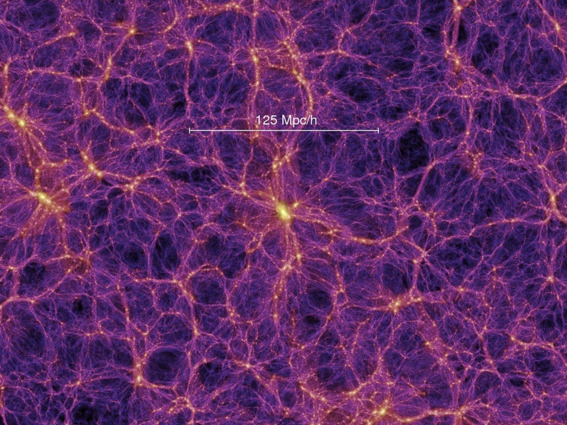 Simulação da teia cósmica das largas estruturas do Universo.