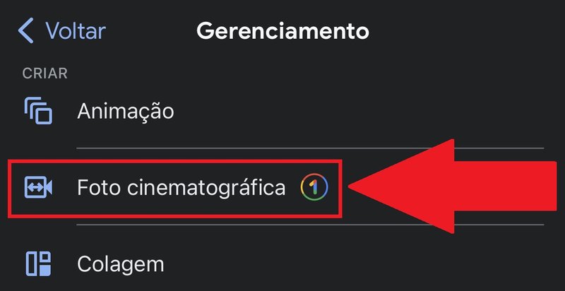 A opção Foto cinematográfica" cria o efeito 3D em suas imagens armazenadas no Google Fotos