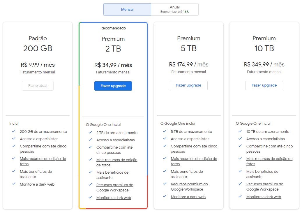O Google One com os atuais planos e valores para diferentes tipos de armazenamentos e recursos