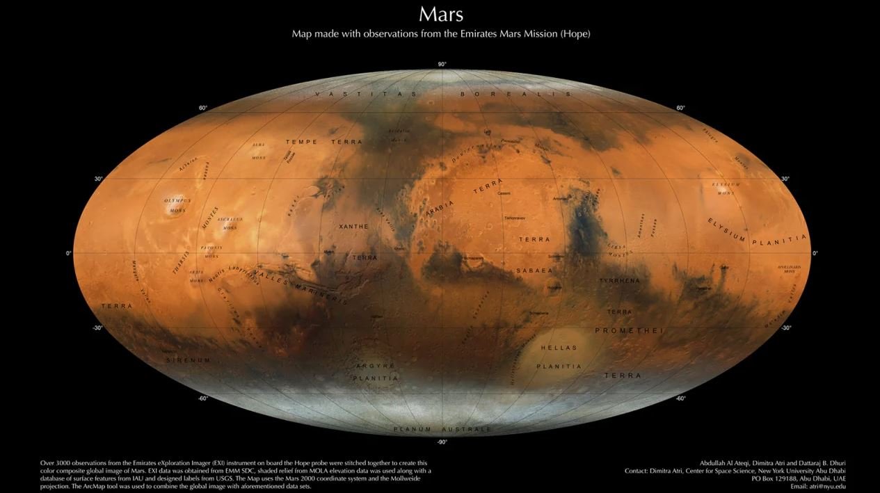 O 'mapa mundi' de Marte (imagem) foi desenvolvido a partir de diversas imagens da superfície do planeta.