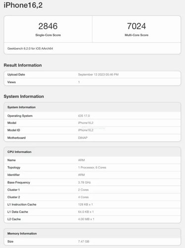 Resultados do iPhone 15 Pro Max, citado como "iPhone 16.2".