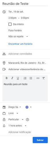 Esse é um exemplo de como devem ficar os dados preenchidos para o convite da reunião