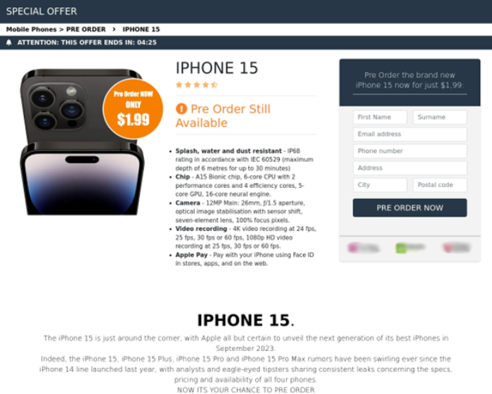 Exemplo de site fraudulento usado pelos golpistas para divulgar preço atrativo do iPhone 15.