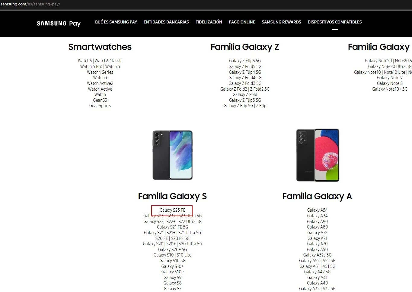 O Galaxy S23 FE foi listado entre os dispositivos compatíveis com o Samsung Pay.