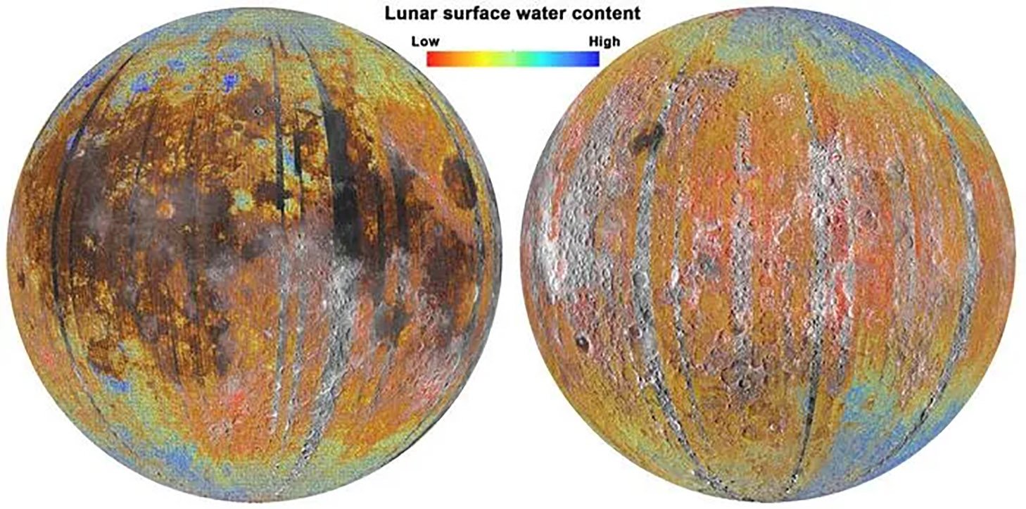 Mapa do conteúdo de água na superfície da Lua.