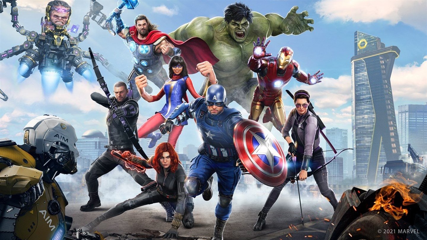 Alguns dos heróis disponíveis em Marvel's Avengers.