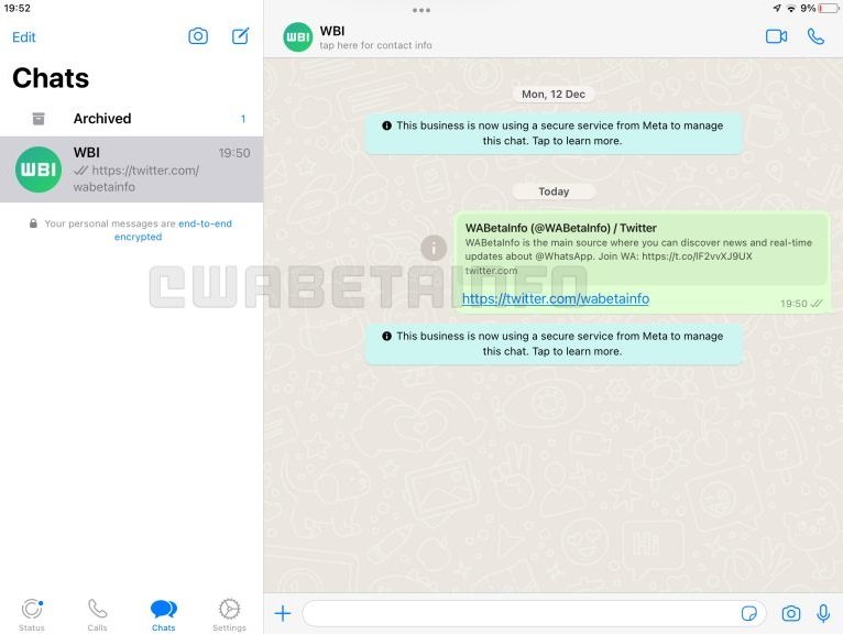 Uma captura de tela do app do WhatsApp no iPad.