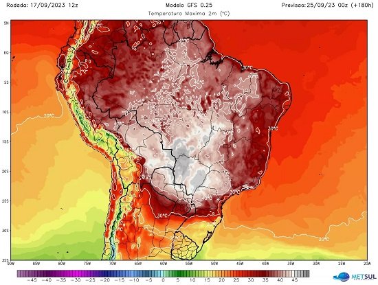 Mapa com onda de calor Brasil