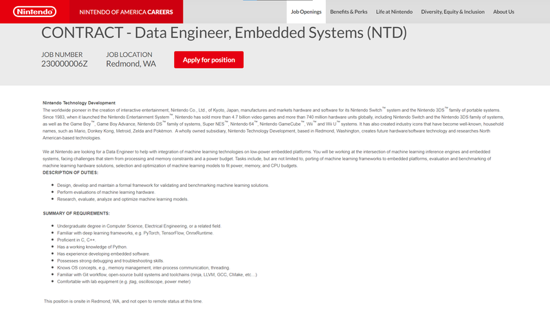 Vaga da Nintendo para engenheiro de dados em machine learning.