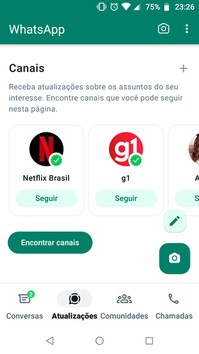 Área de Canais permite criar o seu próprio perfil ou seguir alguns que já existem dentro do aplicativo.