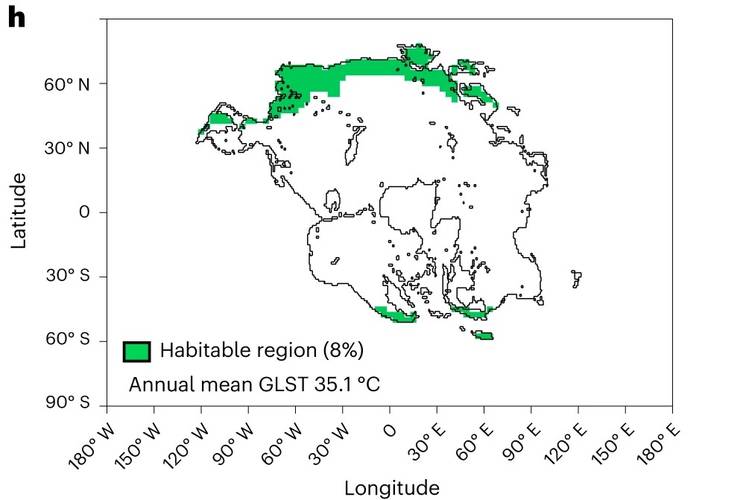 Zonas consideradas habitáveis em um cenário de aumento de CO2 na atmosfera de Pangea Ultima.