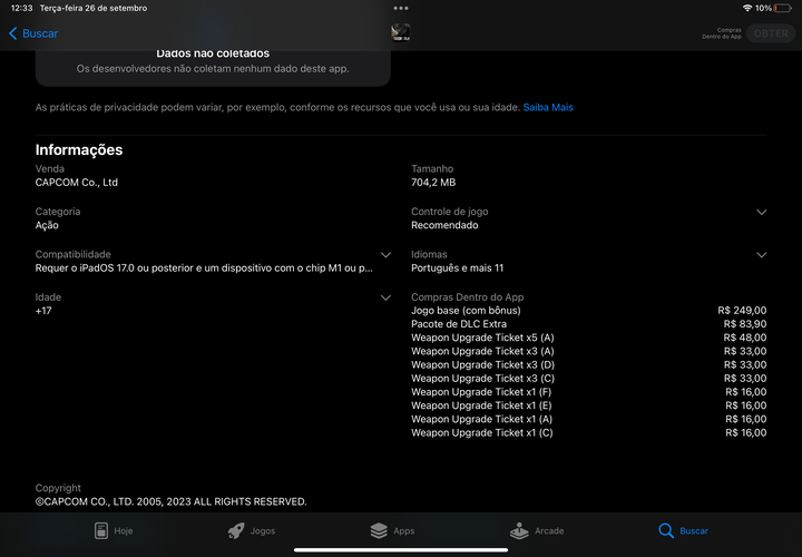 A página do remake de RE4 na App Store e os valores praticados.