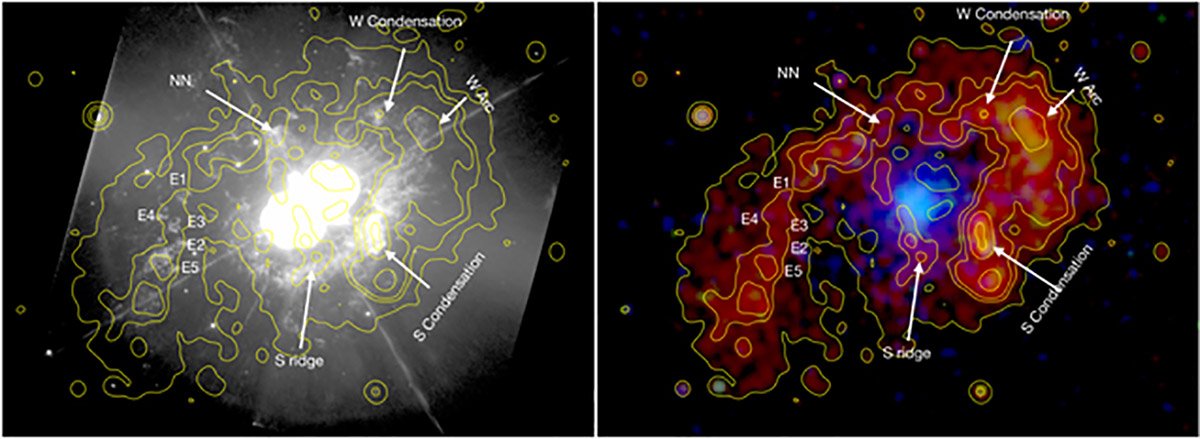 Imagens de Eta Carinae pelas câmeras WFPC2 (à esquerda) e uma imagem de raios X (à direita).