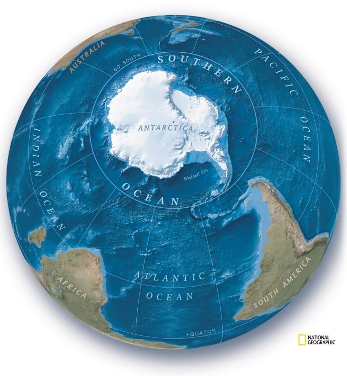 O quinto oceano (imagem) começa na costa da Antártida e tem seu limite definido aproximadamente até 60 graus de latitude sul.