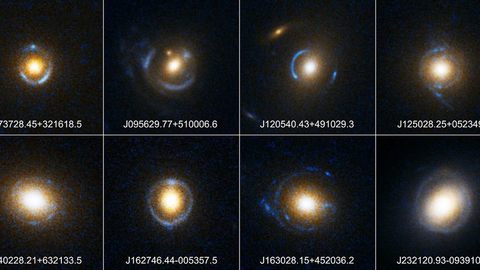 A imagem apresenta diferentes anéis de Einstein coletados pelo Telescópio Espacial Hubble.