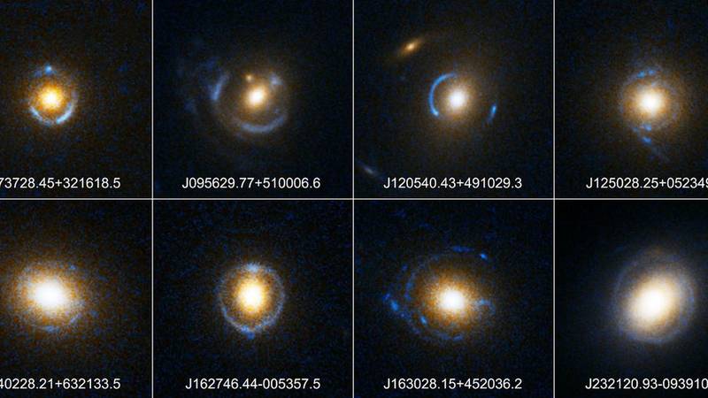 A imagem apresenta diferentes anéis de Einstein coletados pelo Telescópio Espacial Hubble.