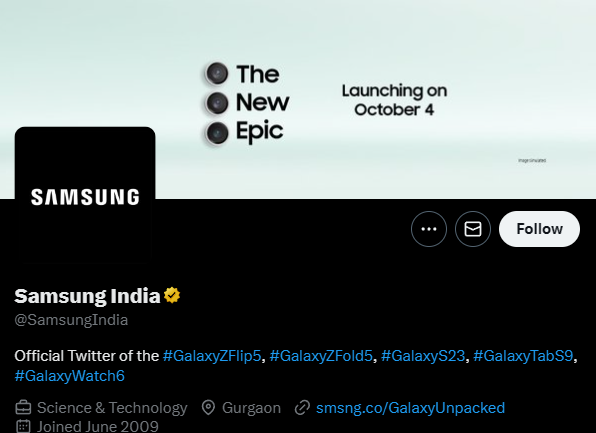 A foto de capa do perfil Samsung India revelou a data de lançamento do novo Galaxy S23 FE.