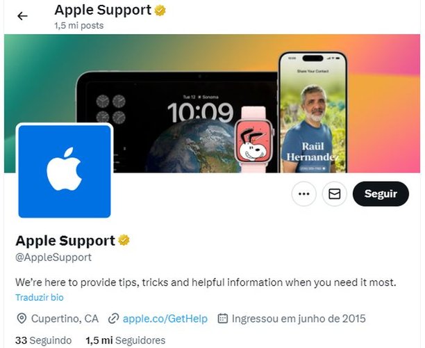 Perfil de suporte da Apple no X.