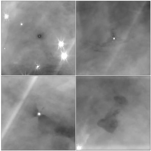 Os cientistas acreditam que se trata de hélio frio e neutro absorvendo a luz da Nebulosa no plano de fundo; inclusive, eles veem "jatos protoestelares em absorção contra o fundo".