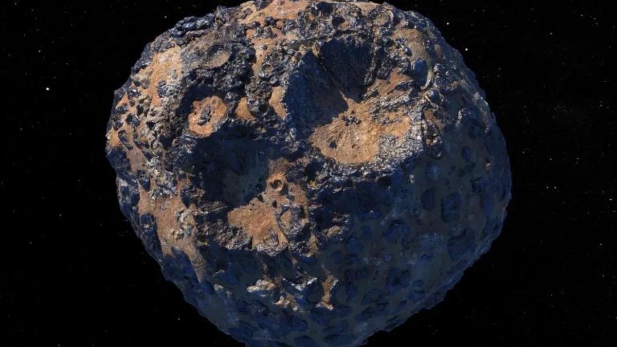 Conceito artístico que representa o asteroide Psyche, rico em metal, localizado no principal cinturão de asteroides entre Marte e Júpiter.