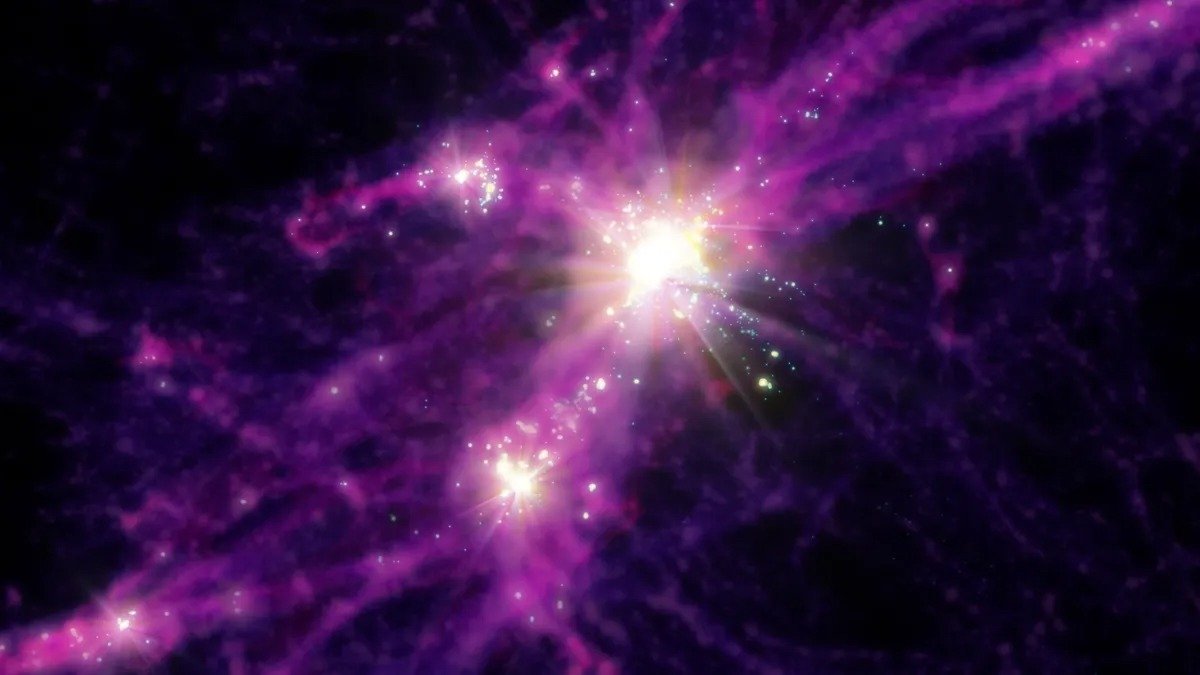 Concepção artística das primeiras galáxias com formação de estrelas.