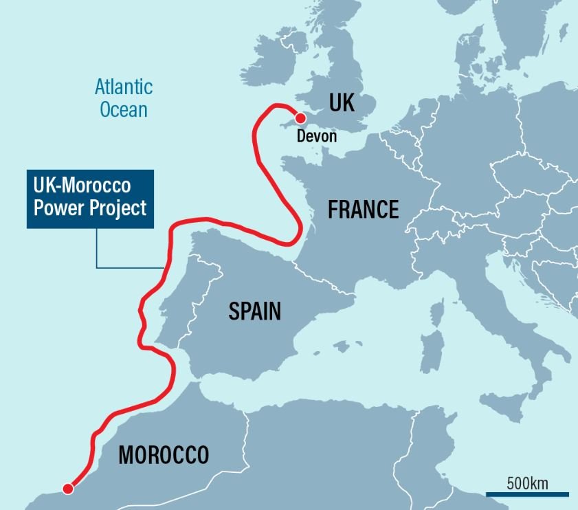 A linha vermelha mostra a extensão do cabo submarino que levará energia renovável do Marrocos para o Reino Unido.